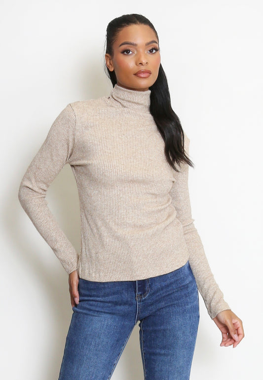 Taupe Metallic Polo Neck Fine Knit Jumper