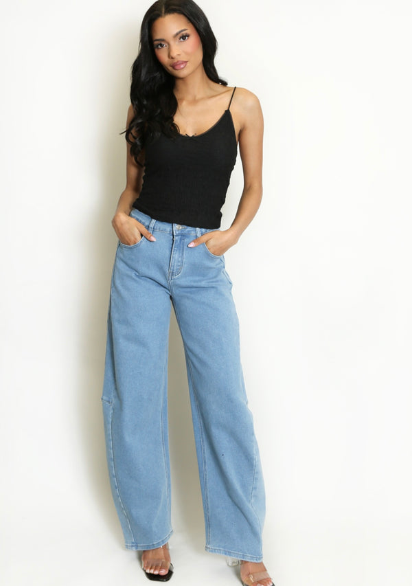 Mid Wash Paneled Barrel Jeans