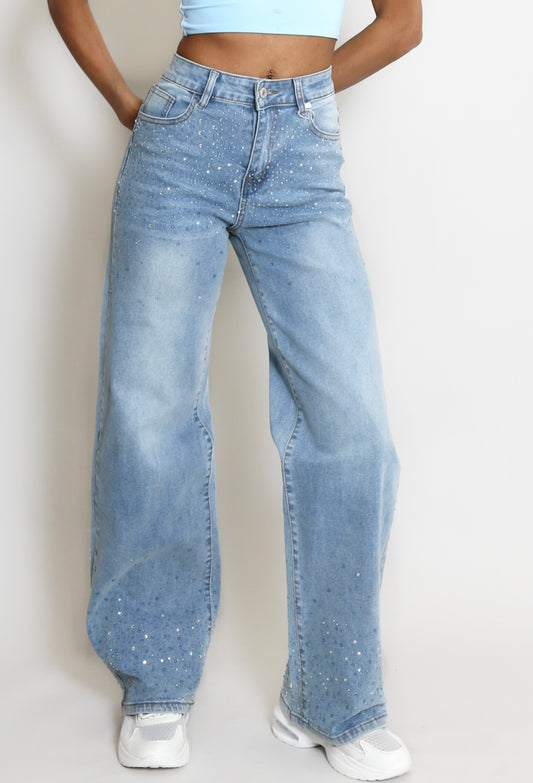 Studs Trim Wide Leg Denim Jeans