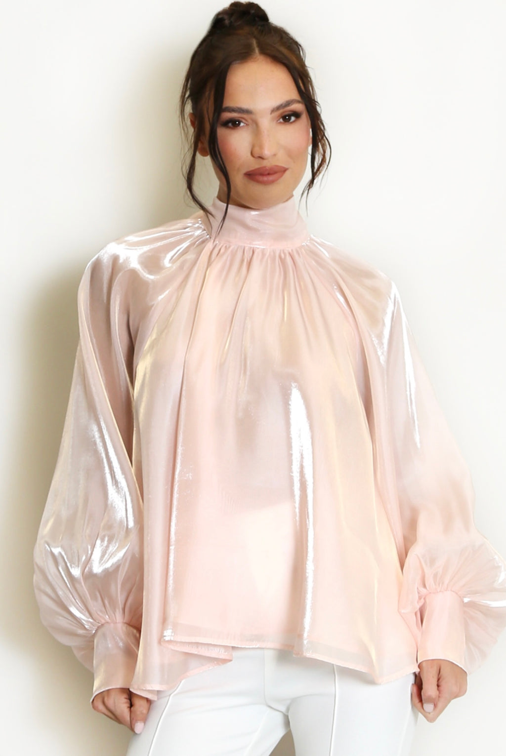 Pink Bow Neck Organza Blouse