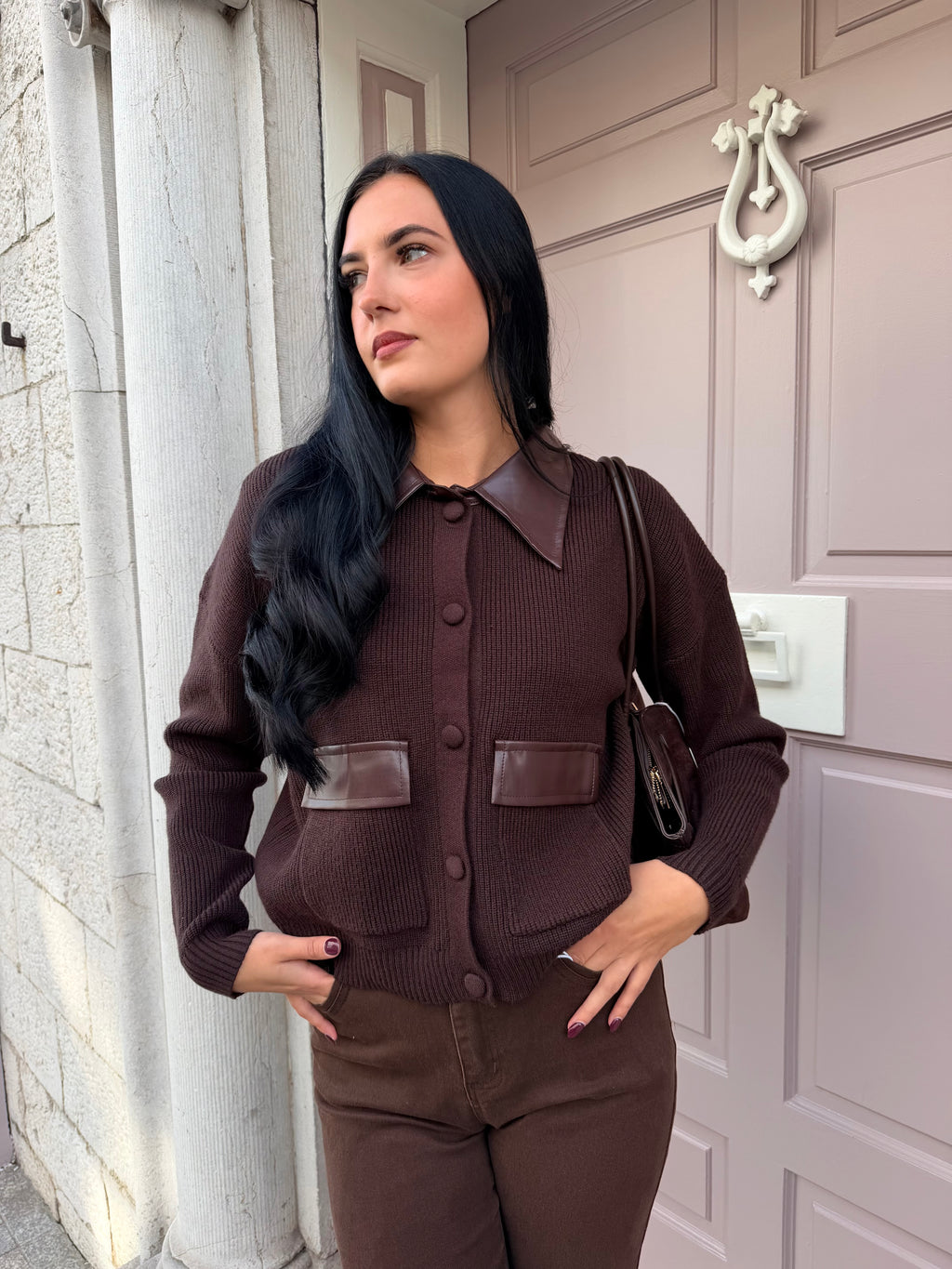 Brown Knitted Jumper With Brown Leather Collar And Pocket Detail