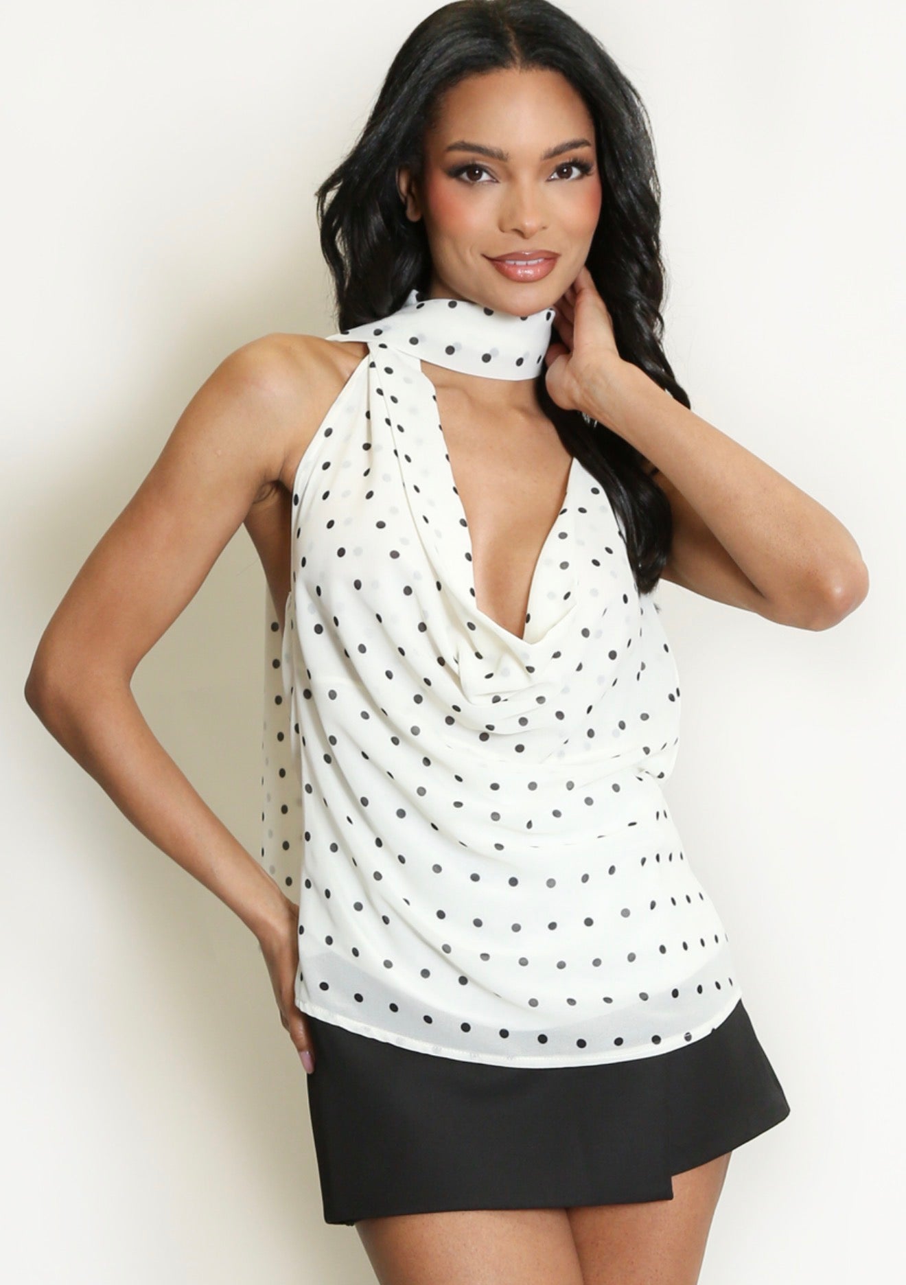 White Polka Dot Draped Halter Neck Top