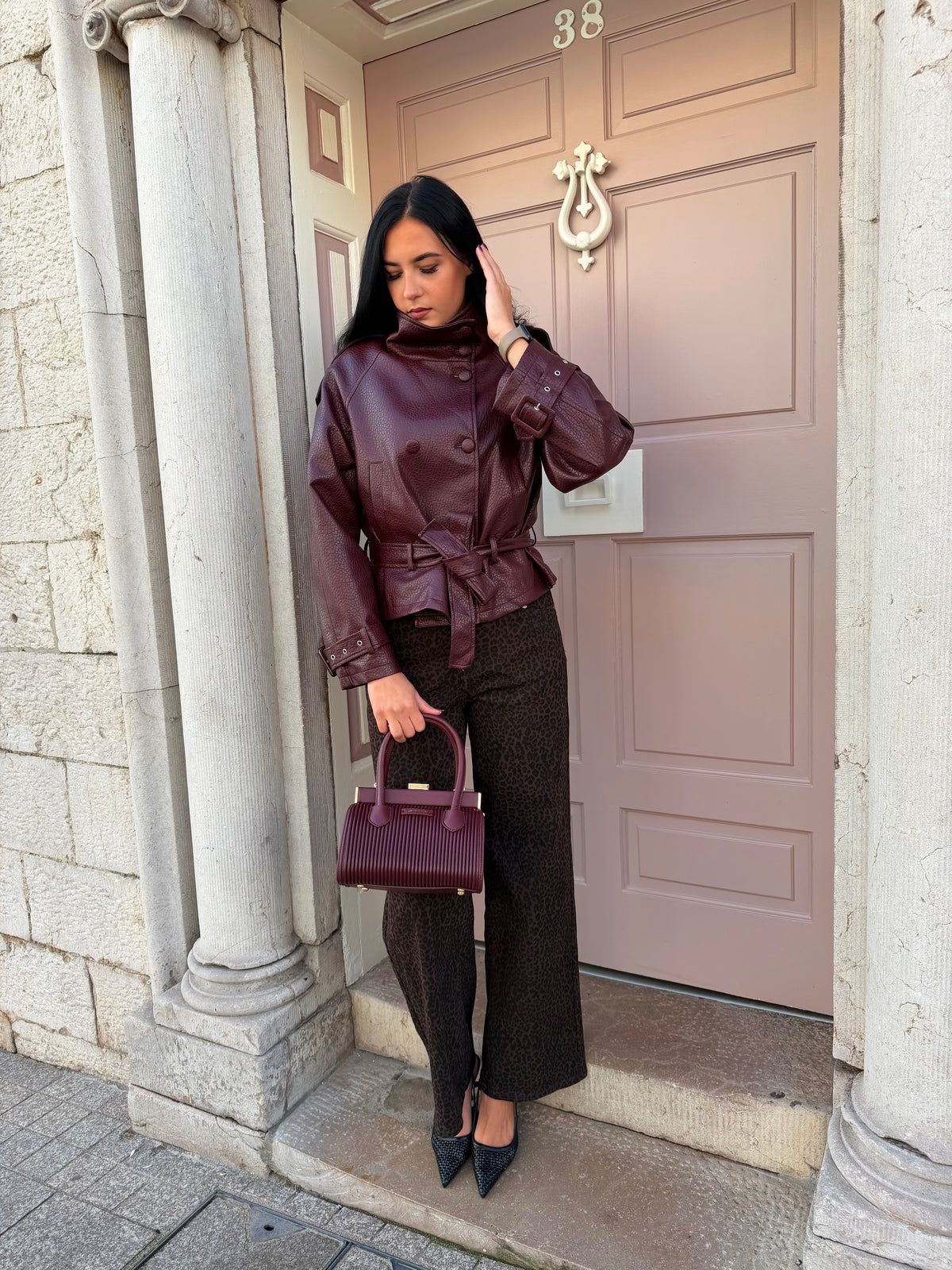Burgundy High Neck Belted Pu Jacket