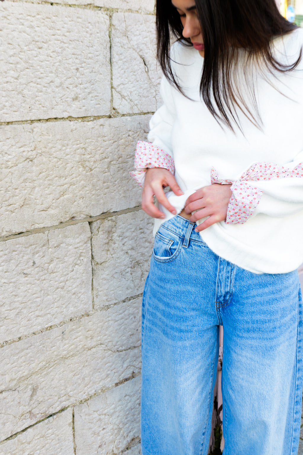 White Floral Arm And Cuff Detail Jumper