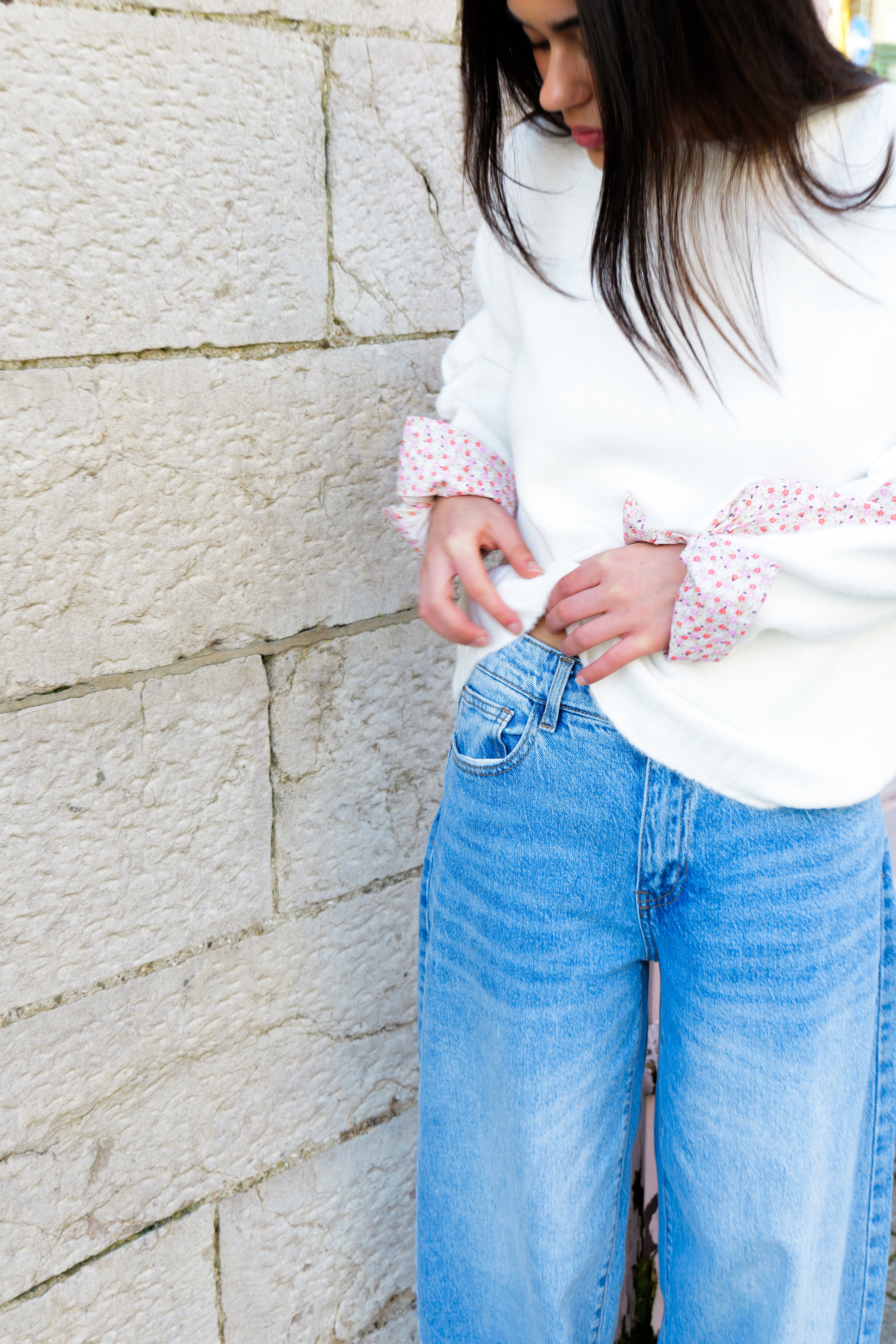 White Floral Arm And Cuff Detail Jumper