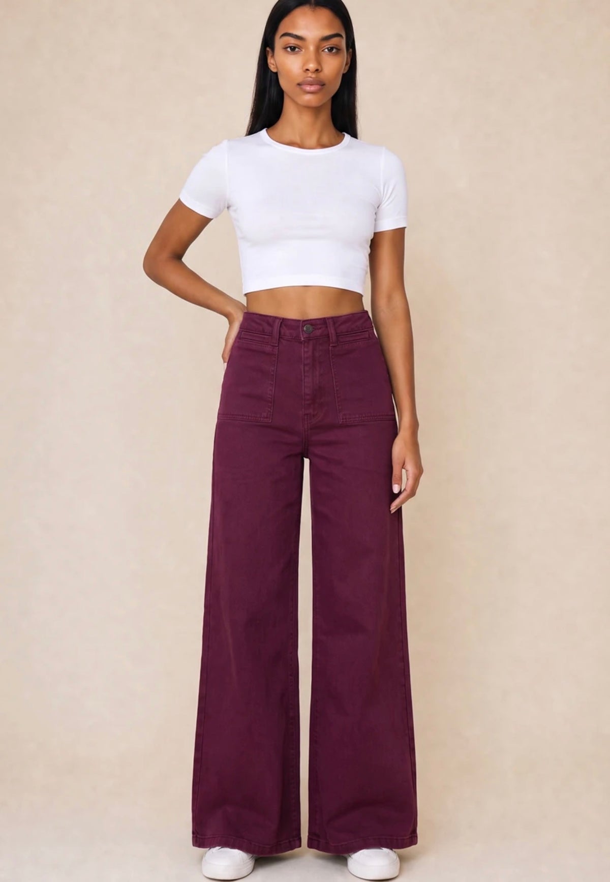 Burgundy Denim High Waist Flare Jeans