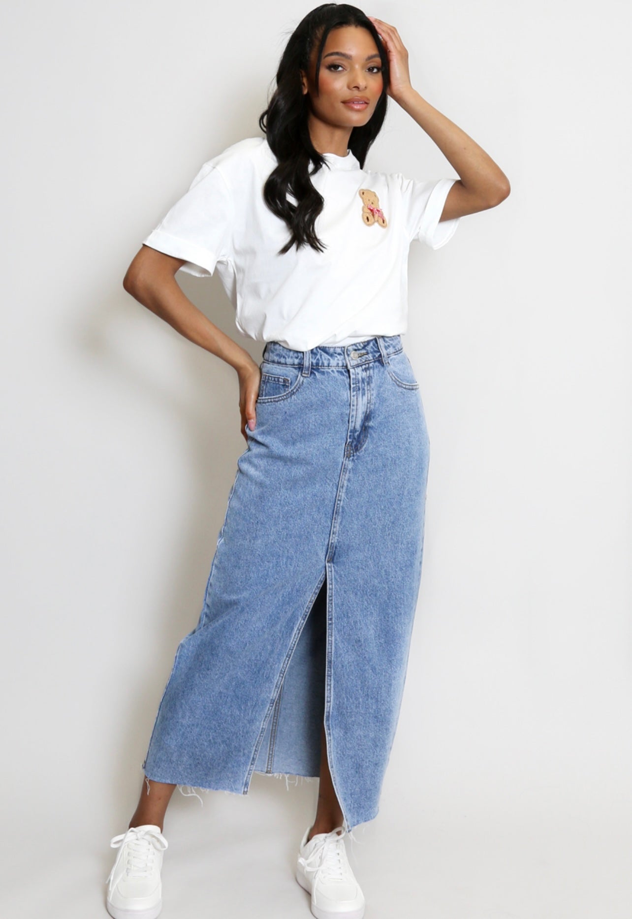 Mid Blue Front Slit Denim Skirt