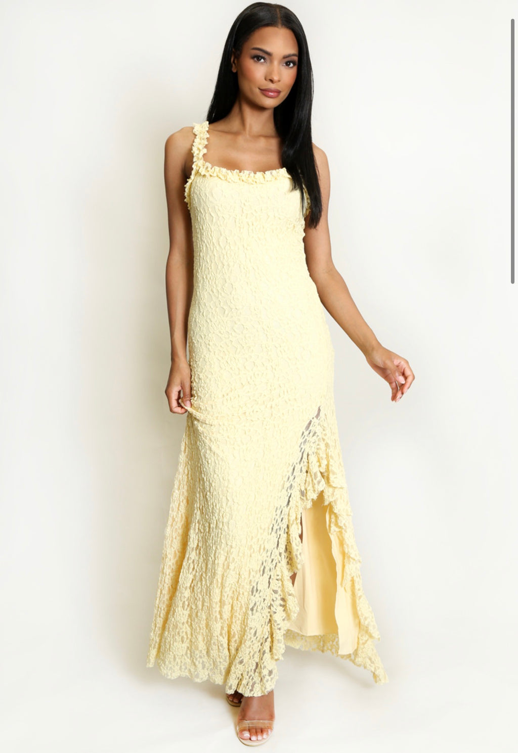 Yellow Lace Split Front Maxi Dress