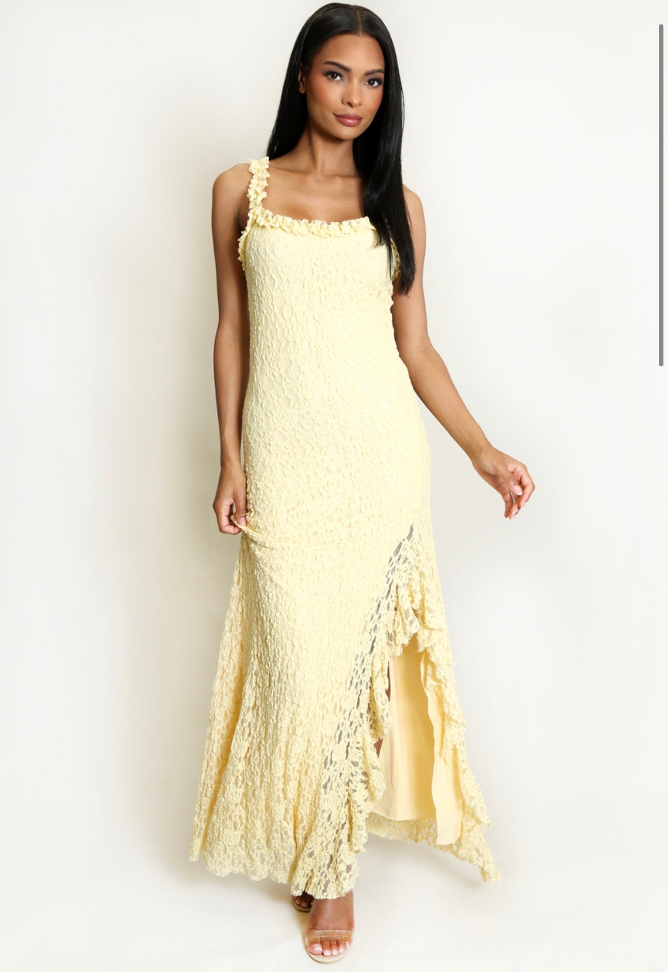 Yellow Lace Split Front Maxi Dress