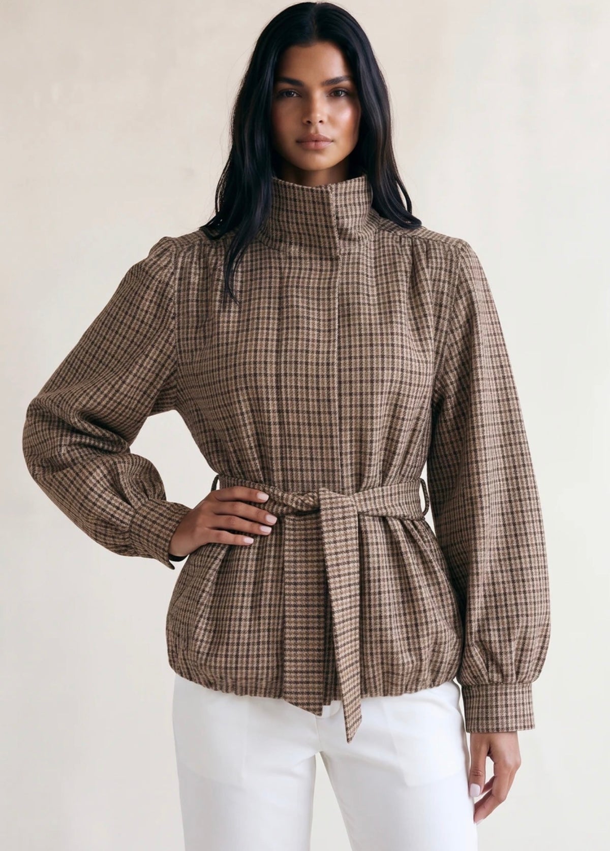 Brown Checkered Balloon Sleeve Jacket