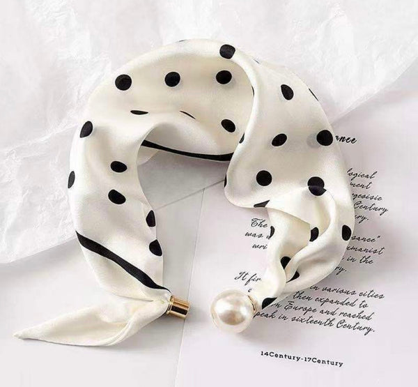 White Pearl Clasp Polka Dot Neck Scarf