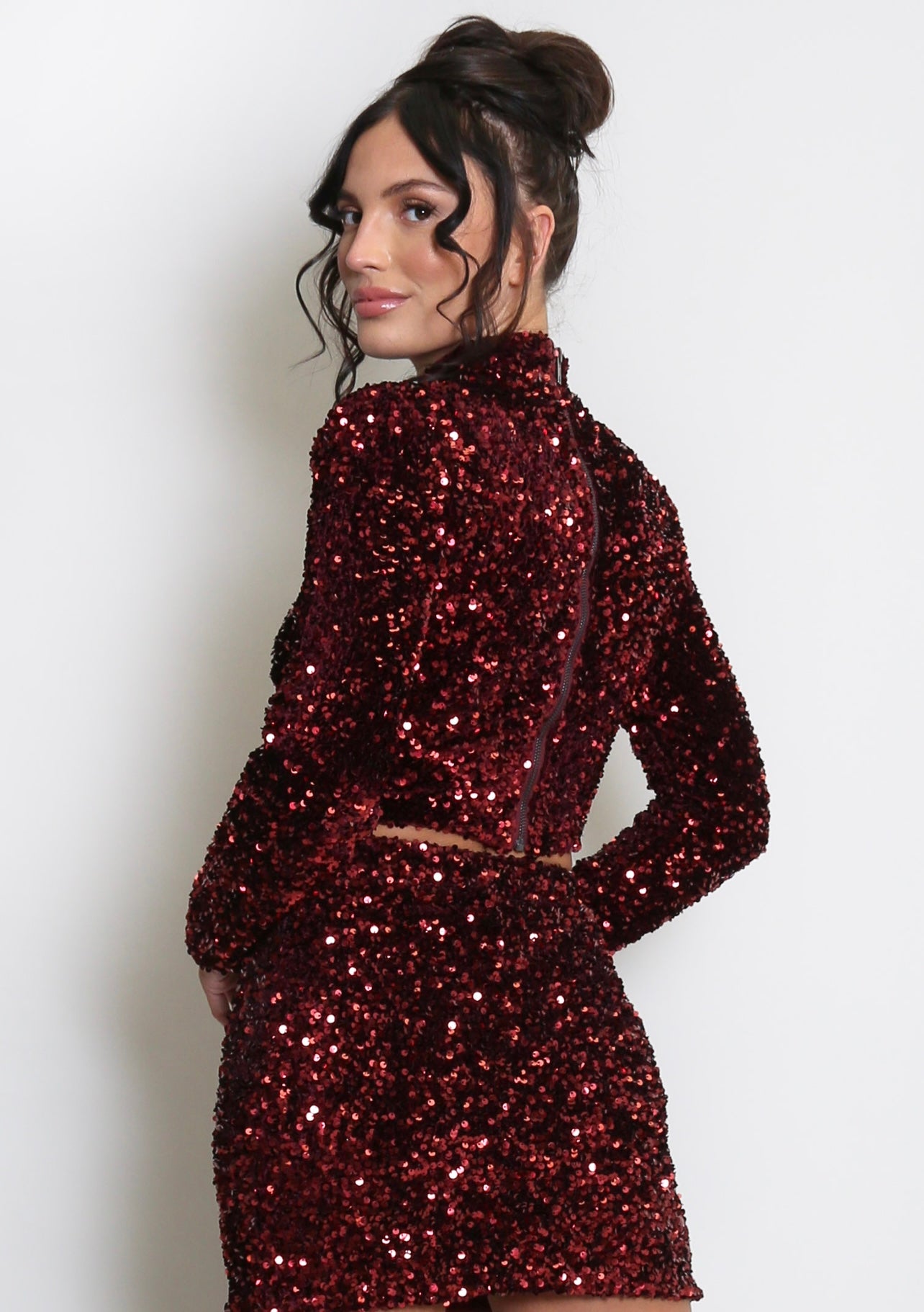 Burgundy High Neck Sequin Long Sleeve Top