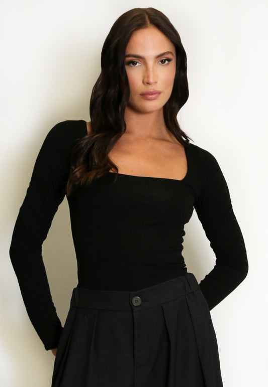 Black Square Neck Long Sleeve Basic Top