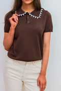 Brown Fine Knit Polo Top With Embellished Collar