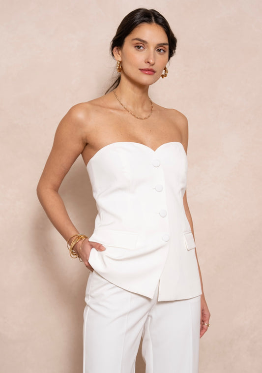 White Tailored Button Front Bandeau Top