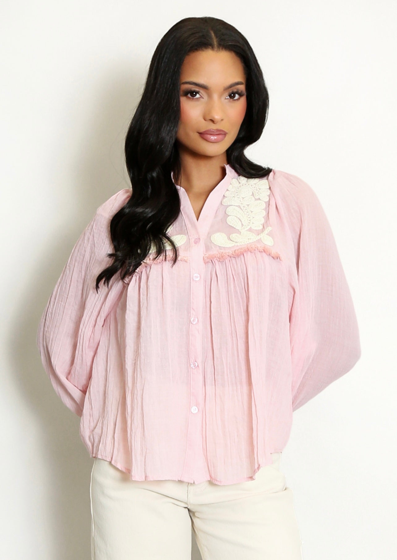 Pink Paisley Embroidered Linen Blouse