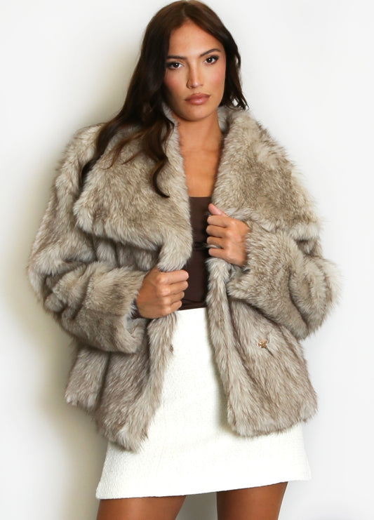 Taupe Oversized Lapel Faux Fur Jacket
