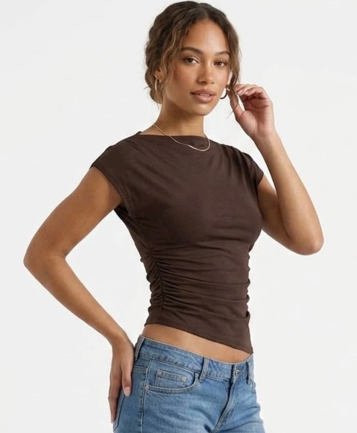 Brown Asymmetric Short Sleeve Ruched Top