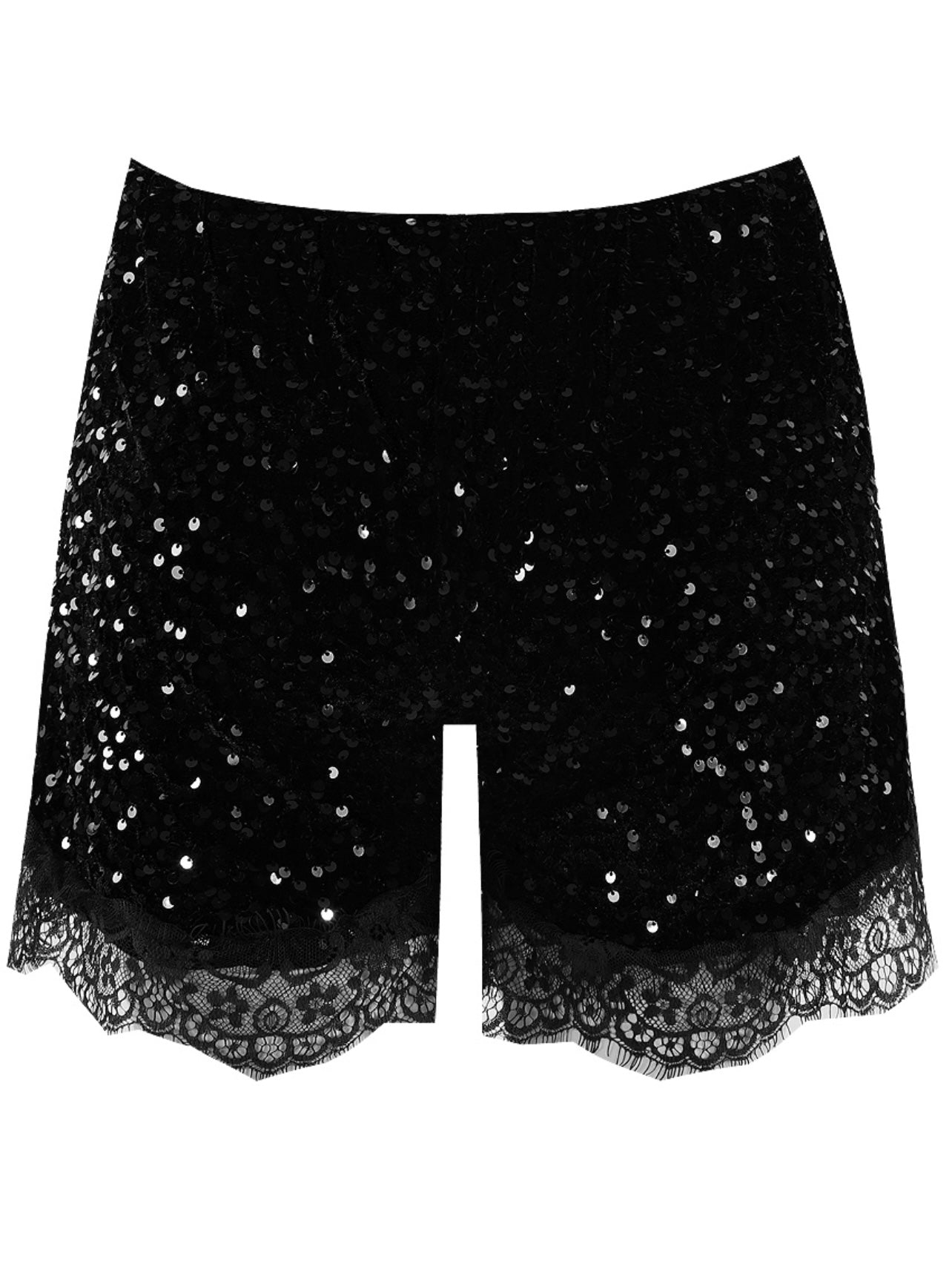 Black Sequin Lace Hem Shorts