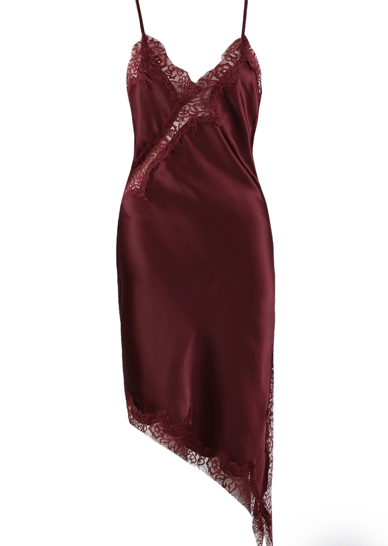 Wine Satin Lace Asymmetric Hem Dress