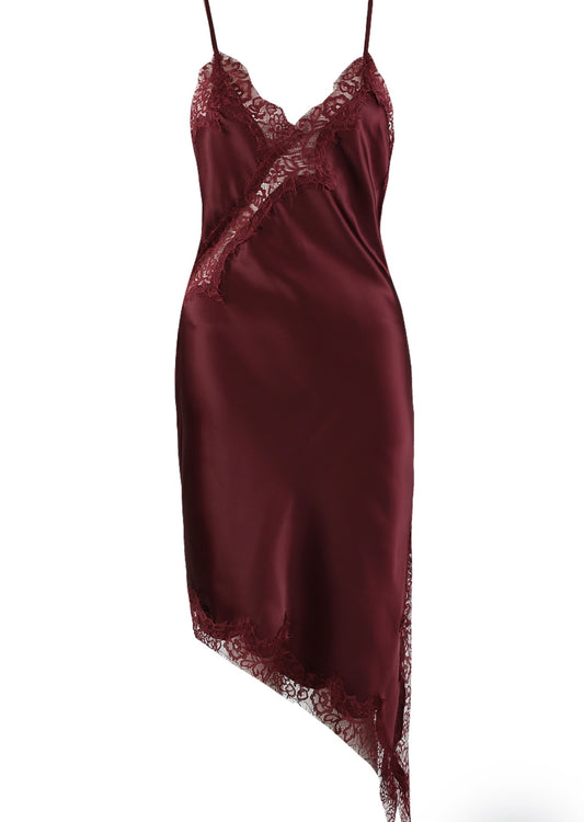 Wine Satin Lace Asymmetric Hem Dress