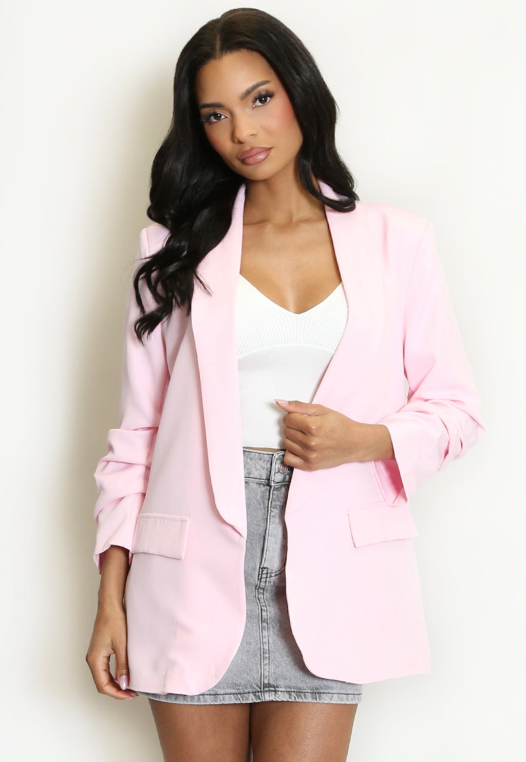 Pink Open Blazer with Ruched Sleeves