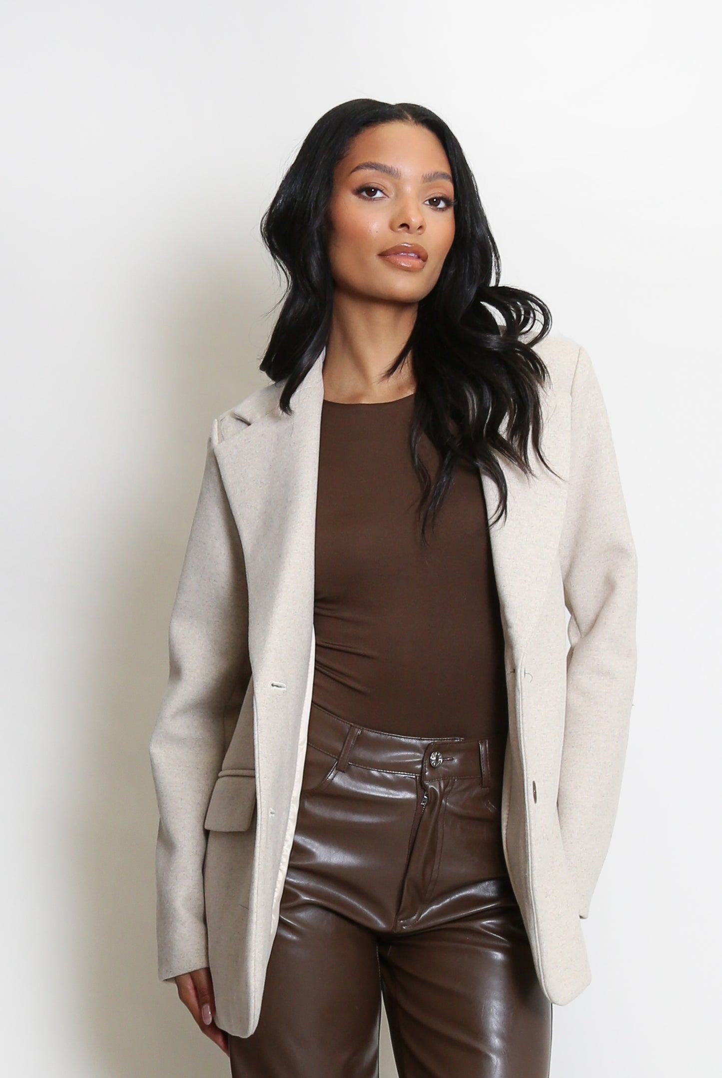 Beige Wool Blend Oversized Blazer