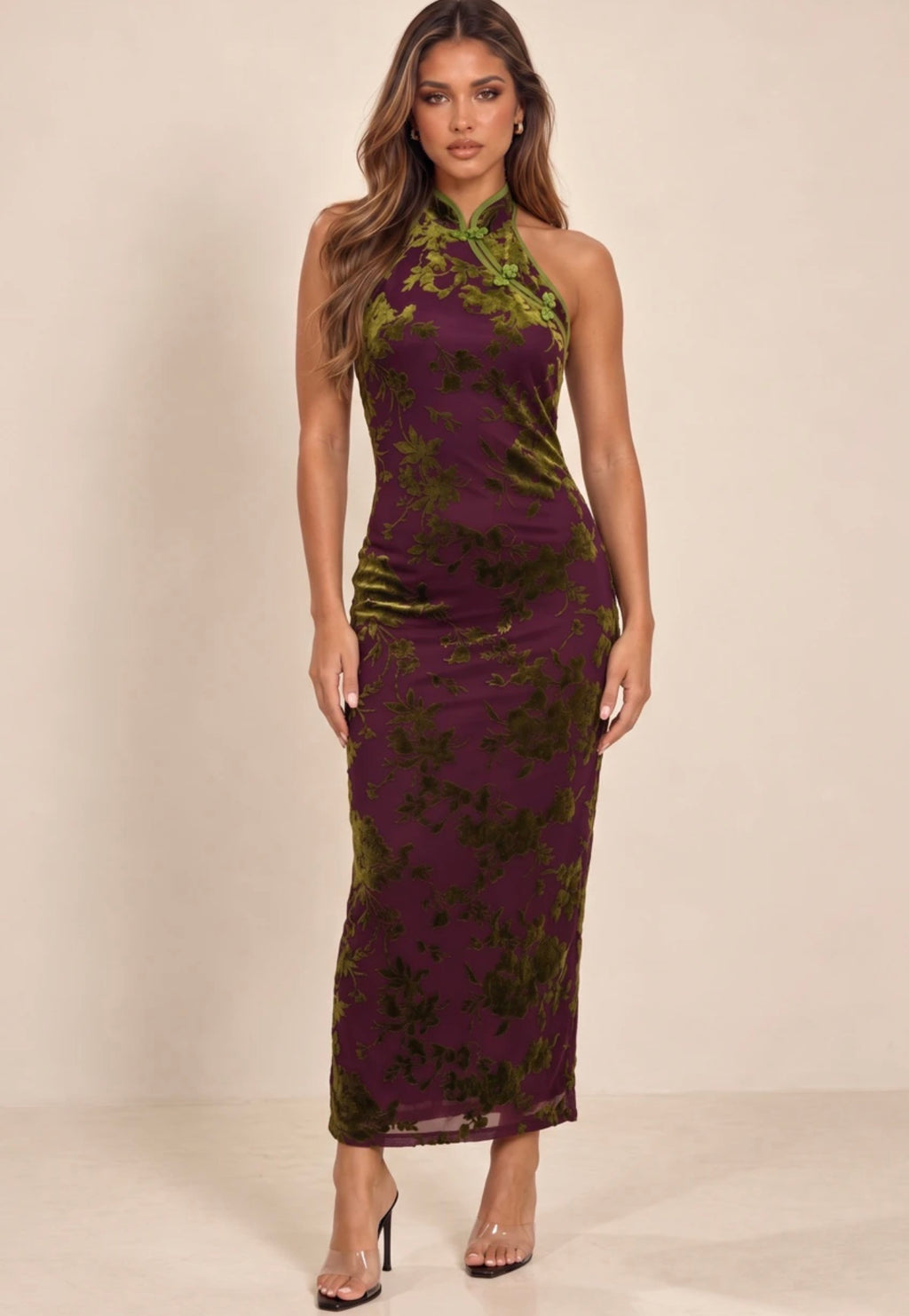 Burgundy Halterneck Qipao Dress In Velvet Jacquard