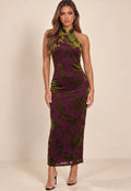 Burgundy Halterneck Qipao Dress In Velvet Jacquard