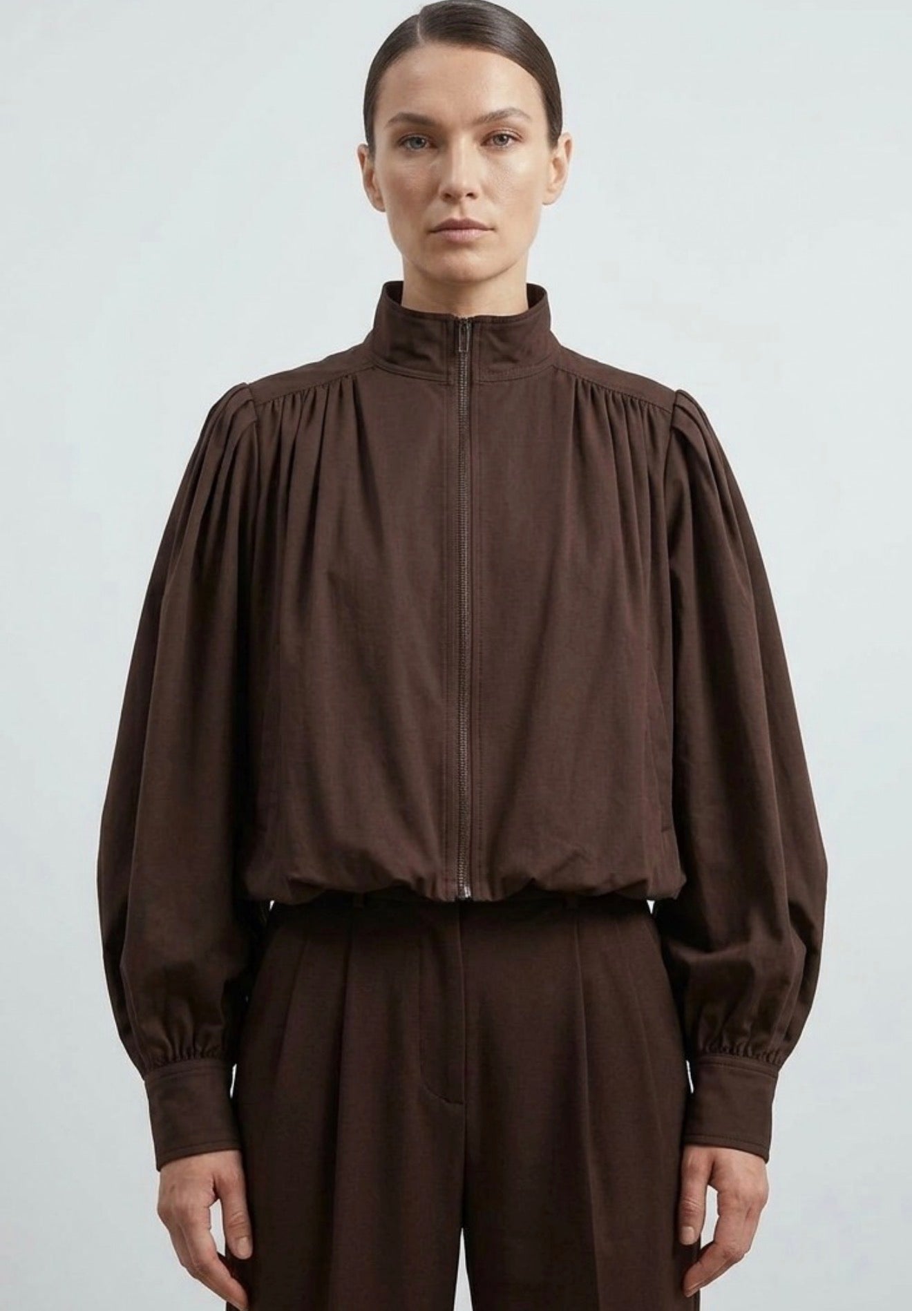 Brown Pleated Bubble Hem Jacket