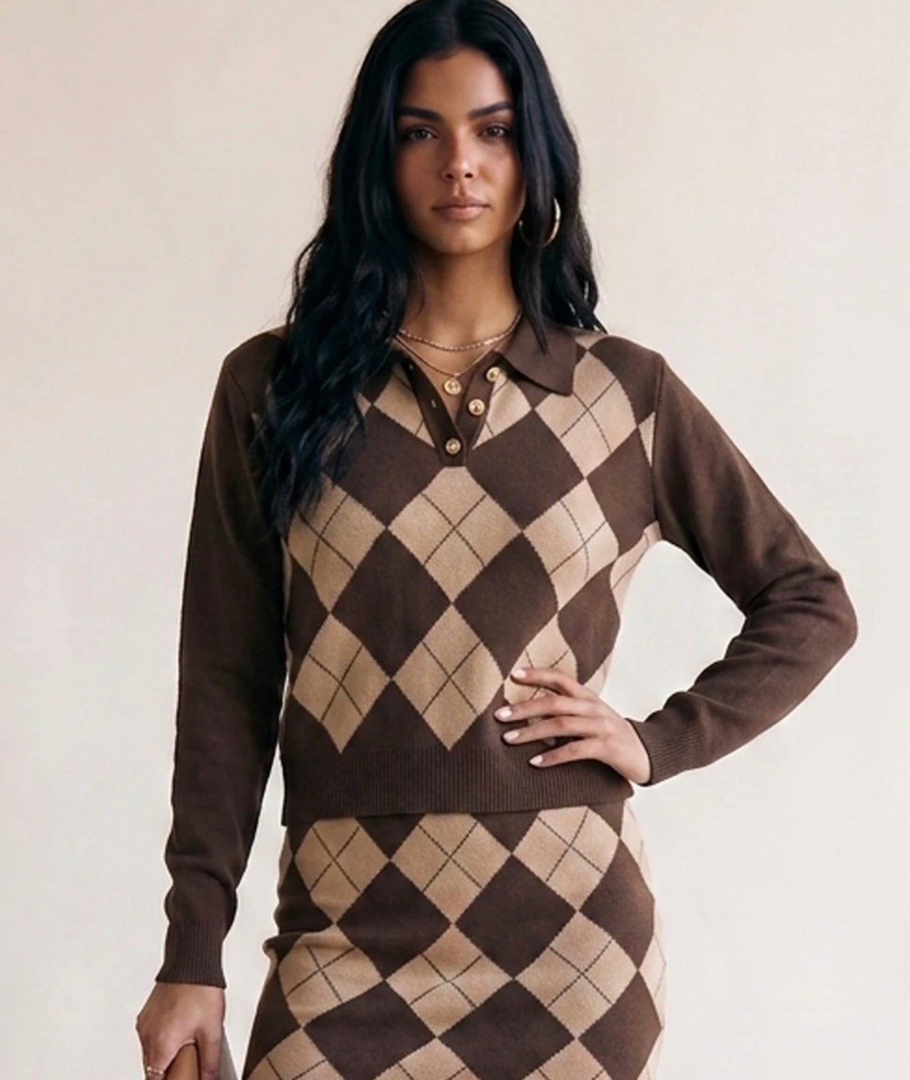Brown Argyle Polo Neck Sweater