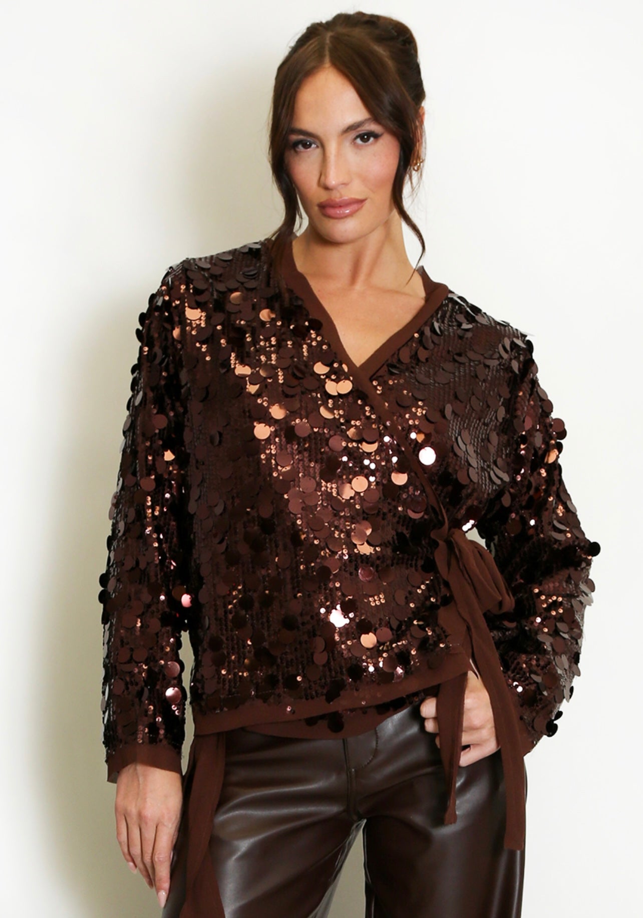 Brown Disc Sequin Wrap Blouse