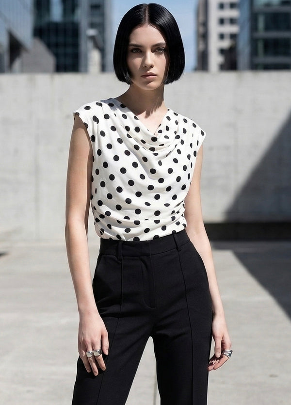 White Polka Dots Ruched Blouse