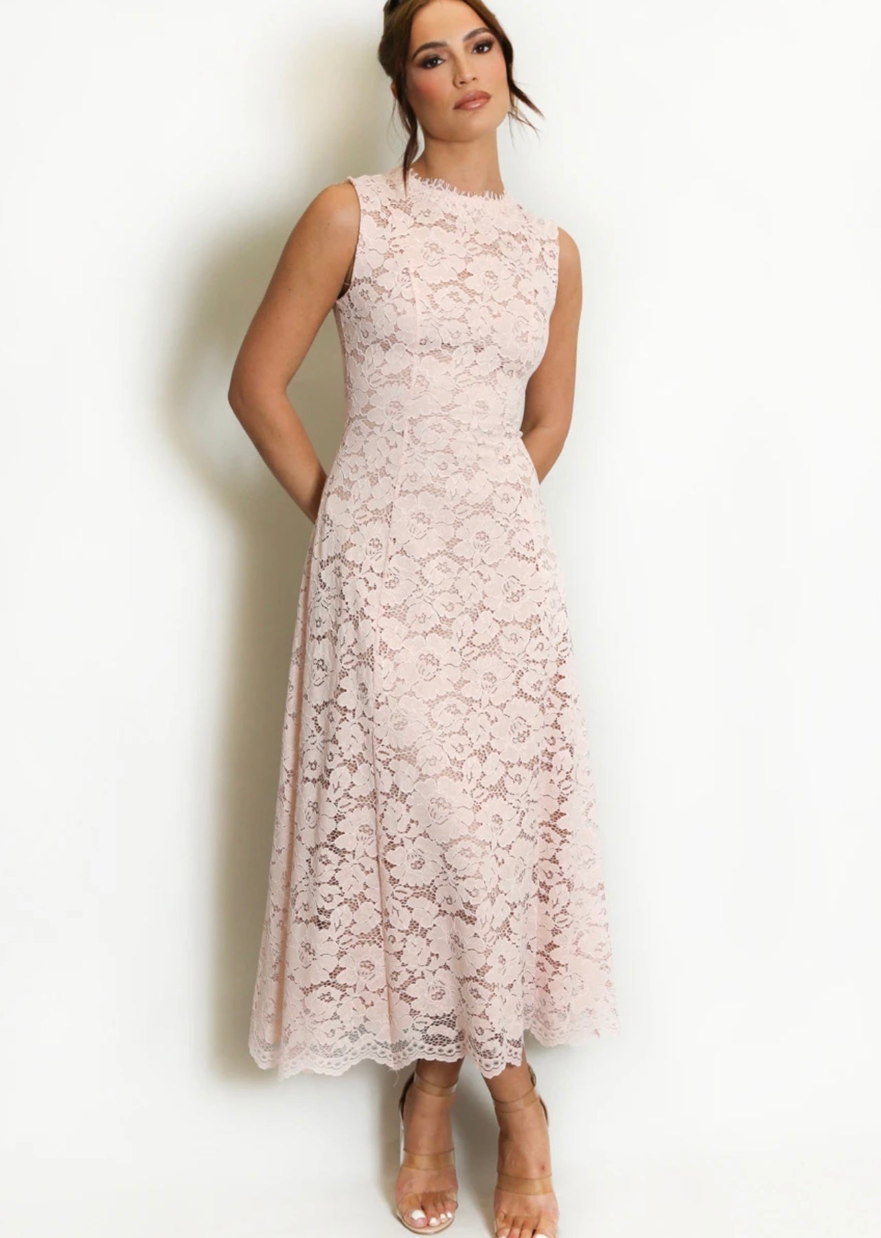 Pink Sleeveless Lace Maxi Dress