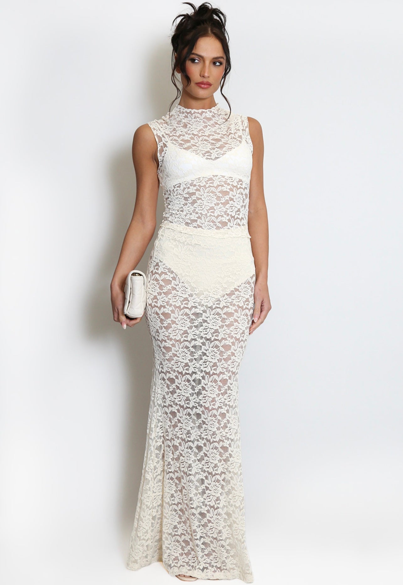 Cream Sheer Floral Lace Maxi Skirt