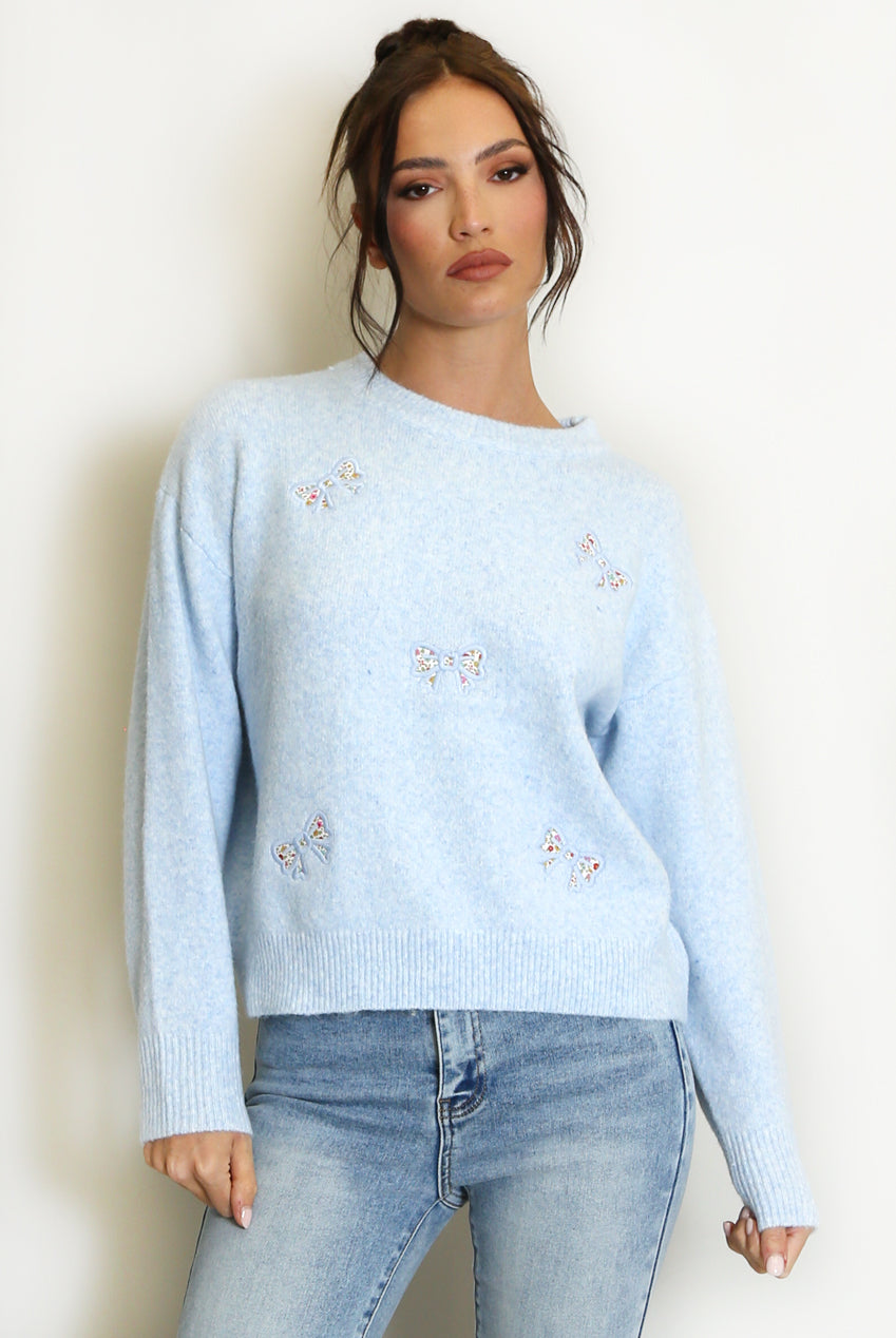 Blue Fluffy Knit Jumper With Bow Motif