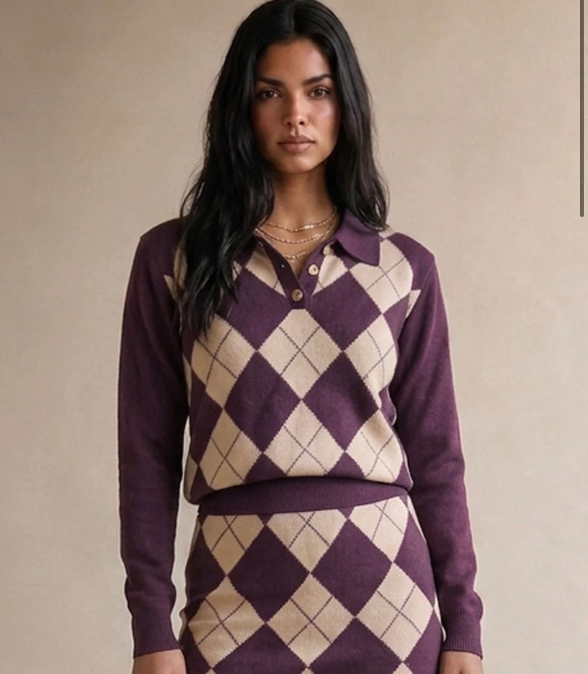 Wine Argyle Polo Neck Sweater