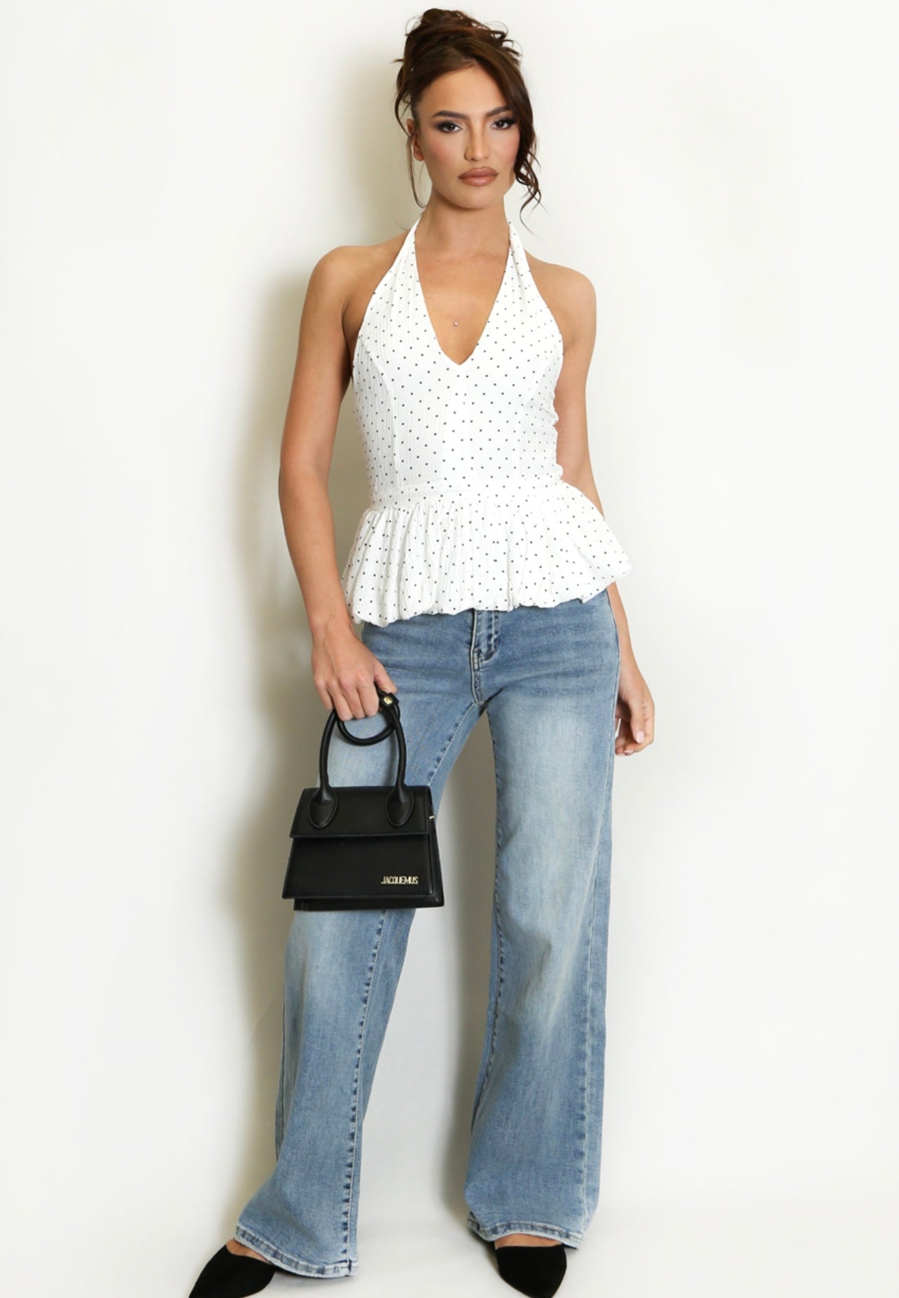 White Polka Dots Bubble Hem Halterneck Blouse