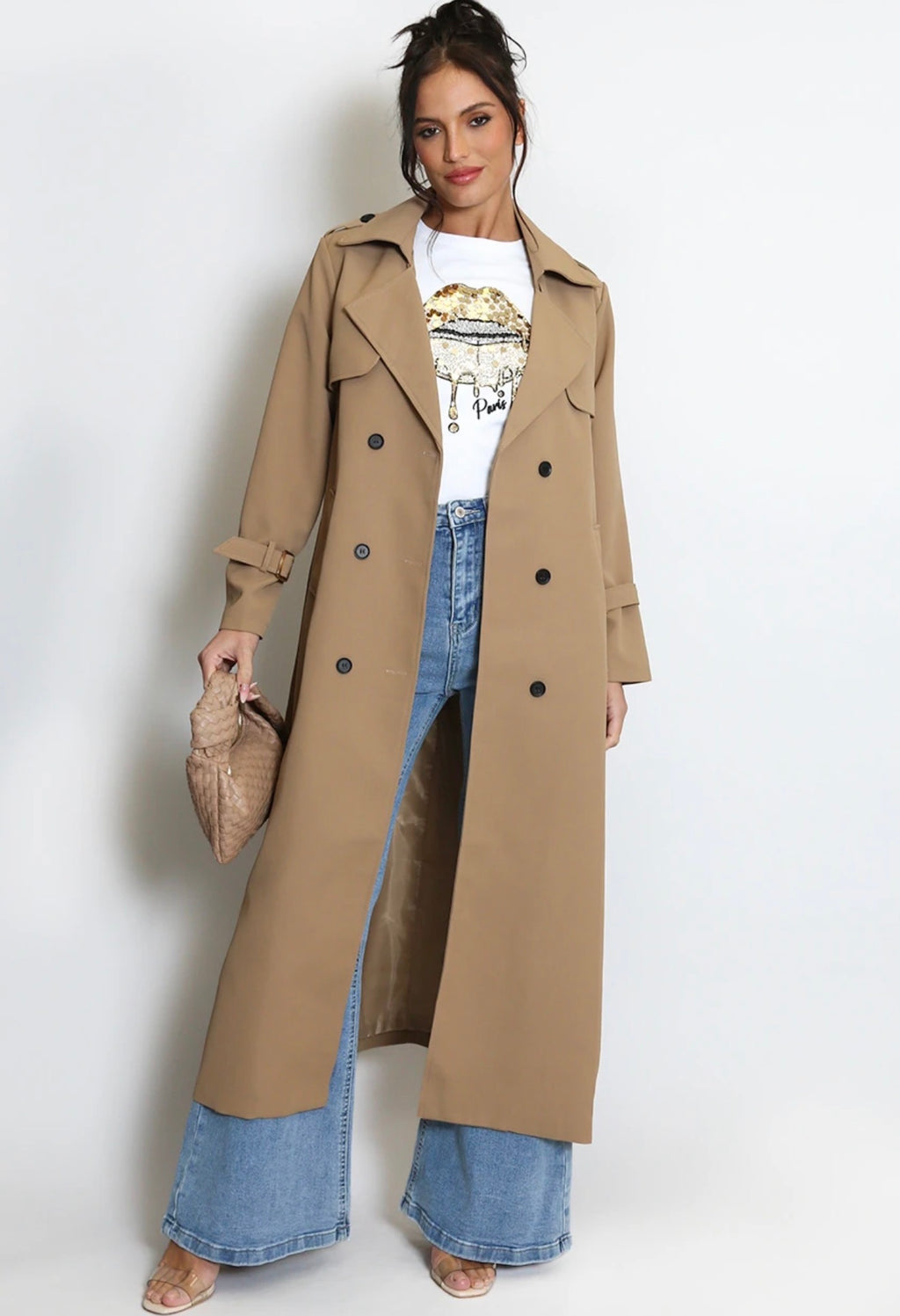 Camel Maxi Length Double Breasted Trench Coat