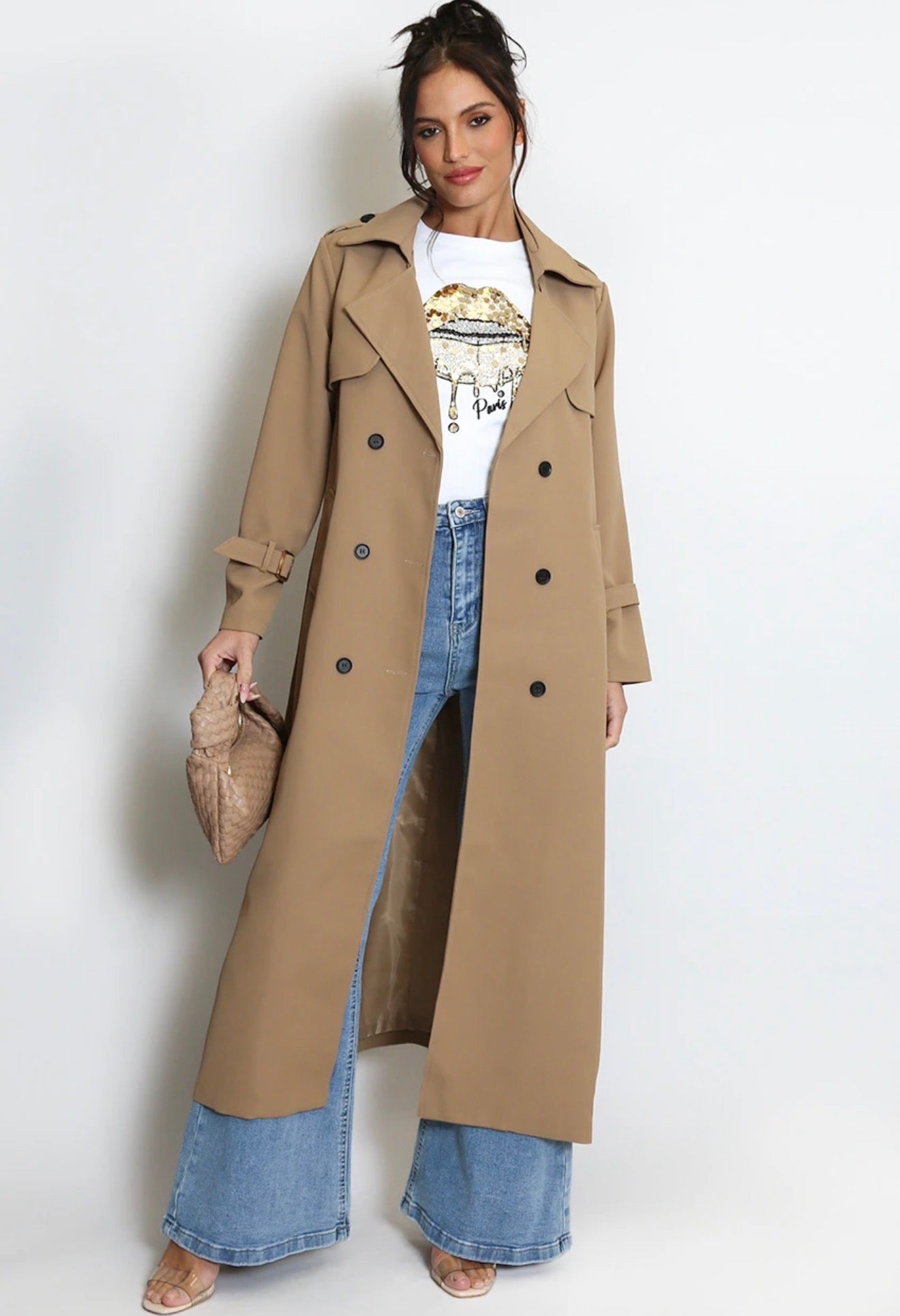 Camel Maxi Length Double Breasted Trench Coat