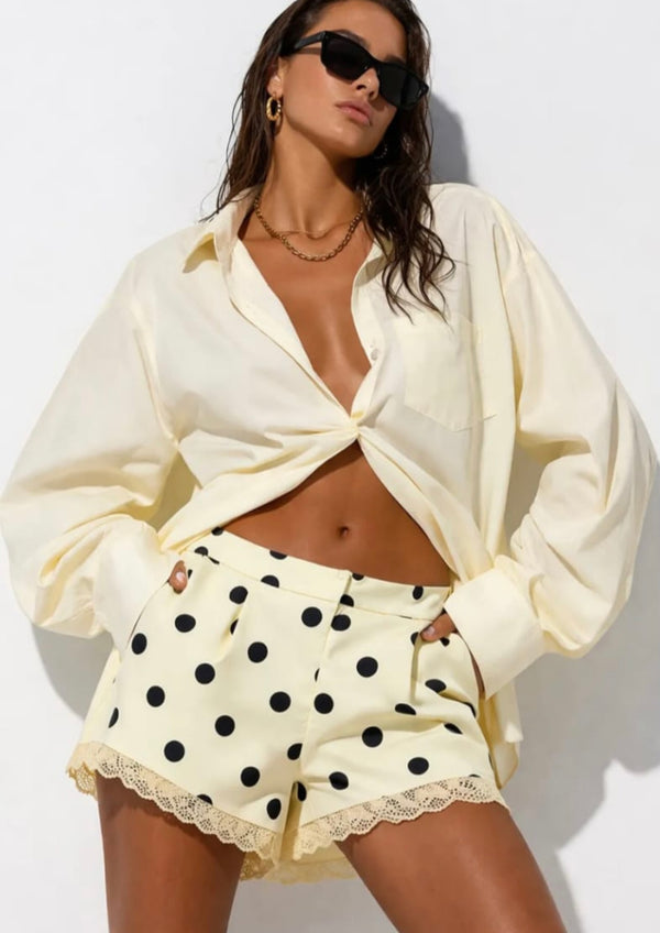 Buttermilk Lemon Polka Dot Lace Hem Shorts