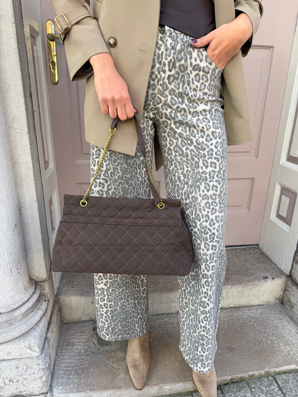 Suede Gold Detail Clasp Shoulder Handbag