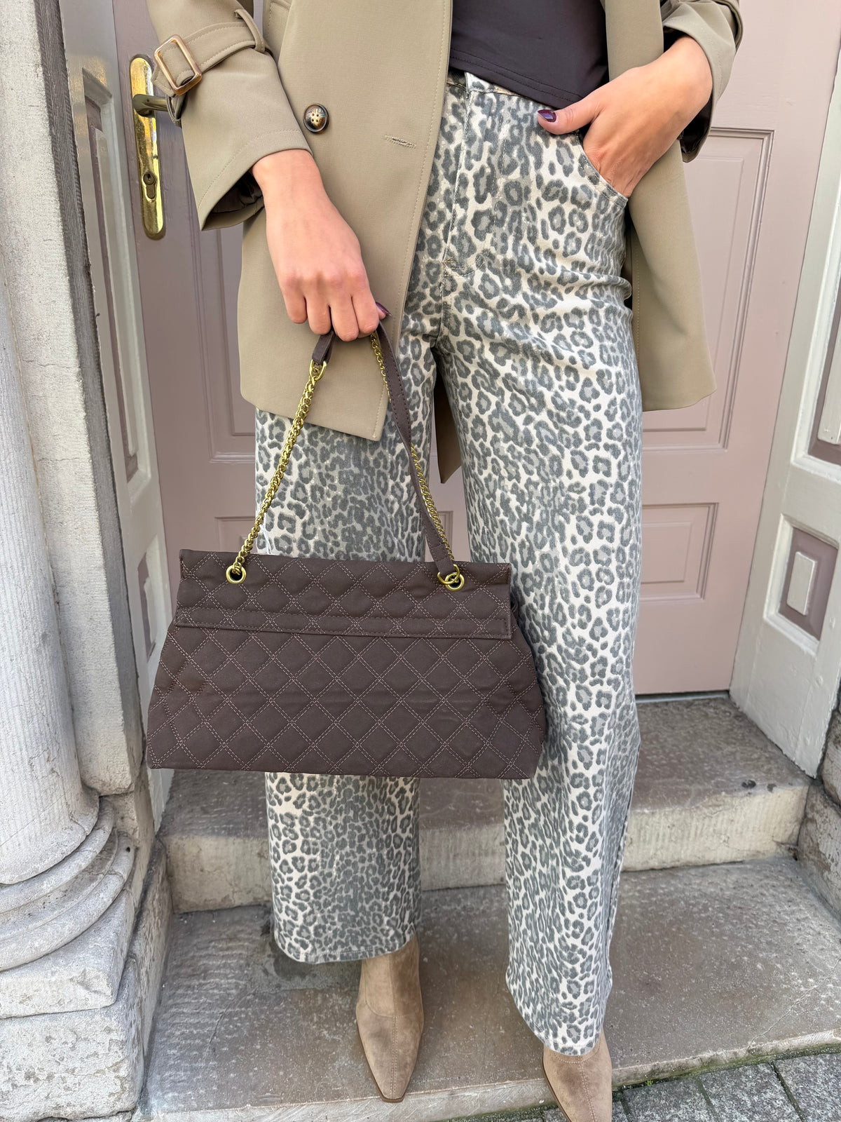 Suede Gold Detail Clasp Shoulder Handbag