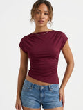 Burgundy Asymmetric Short Sleeve Ruched Top