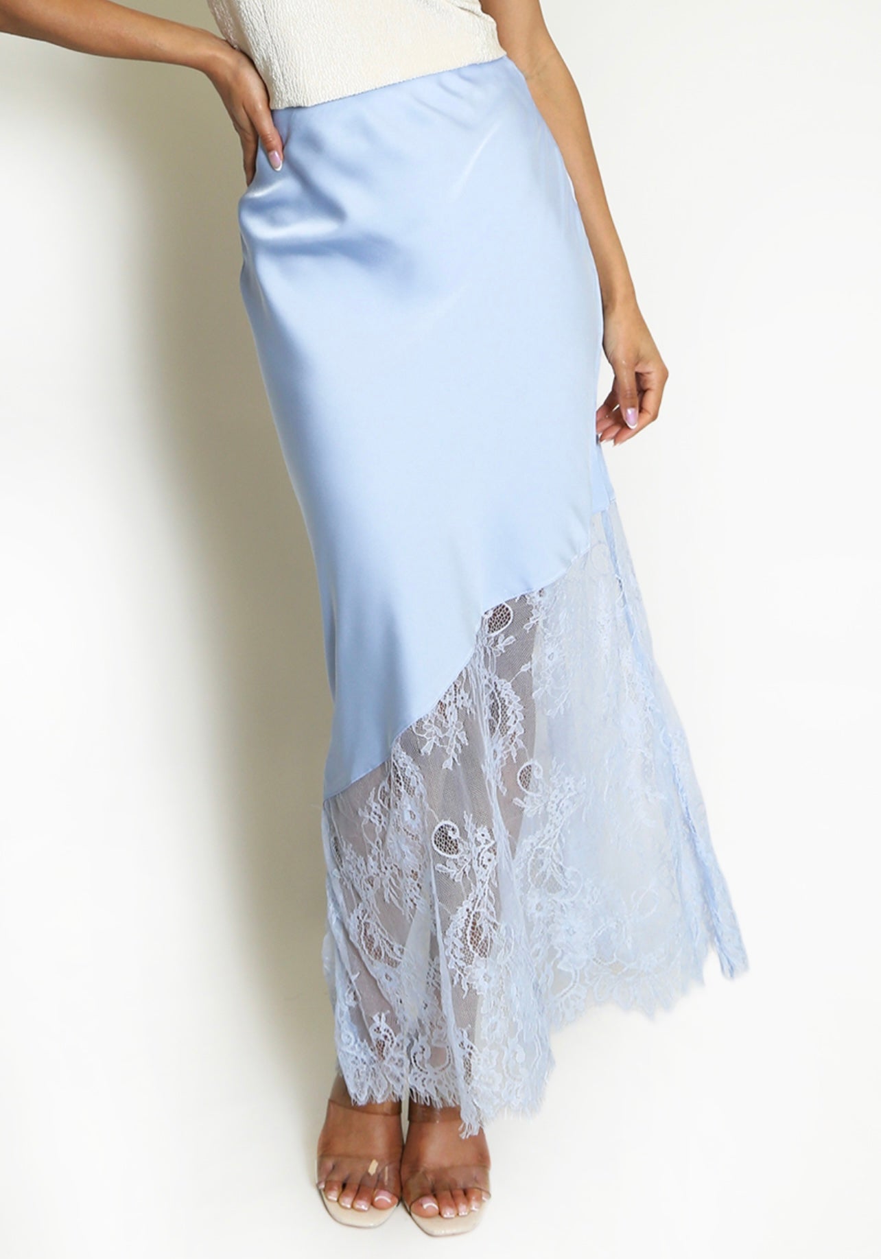 (PRE-ORDER) arriving next week      Blue Asymmetric Lace Hem Satin Skirts