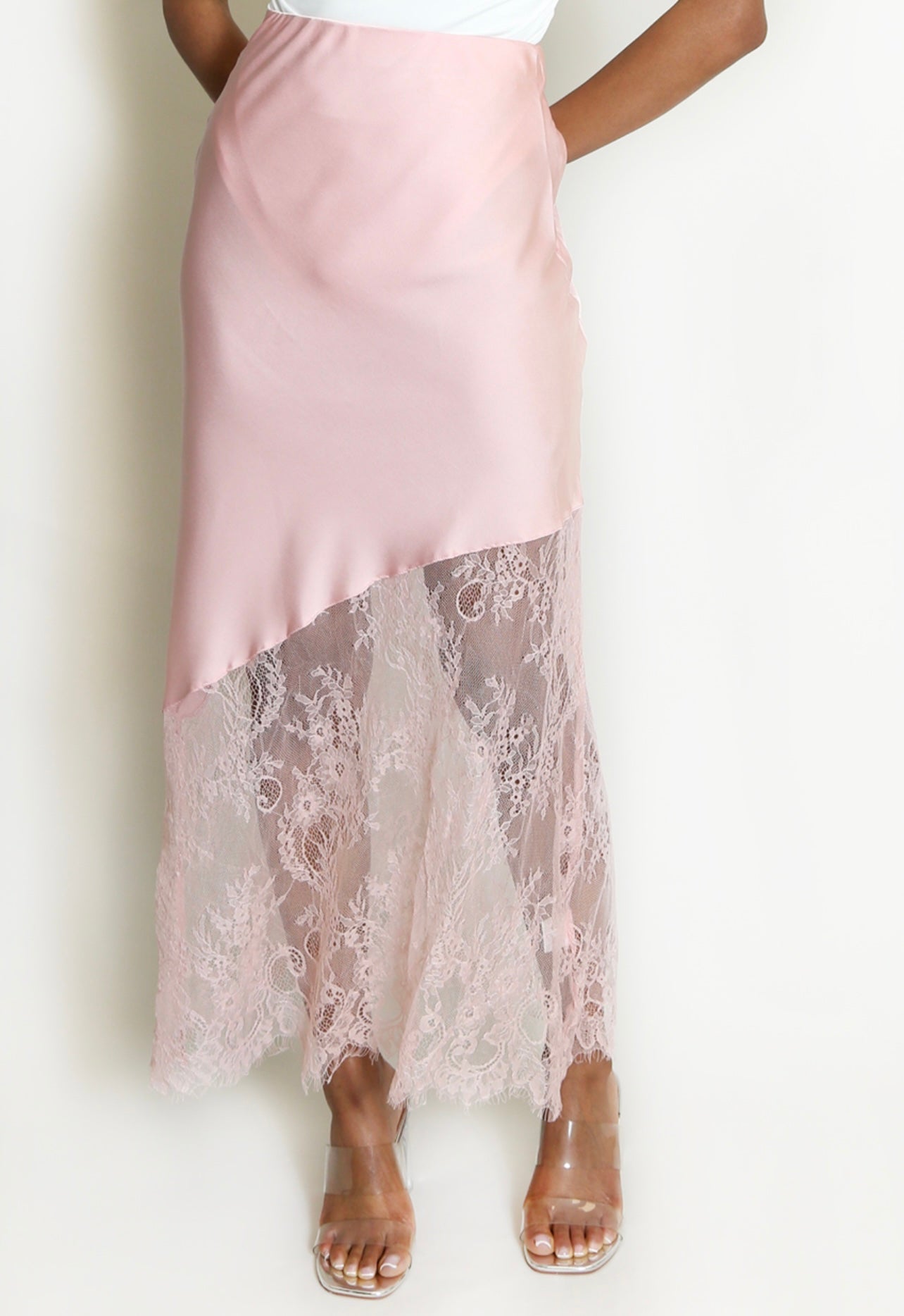 (PRE -ORDER) arriving next week.   Pink Asymmetric Lace Hem Satin Skirts