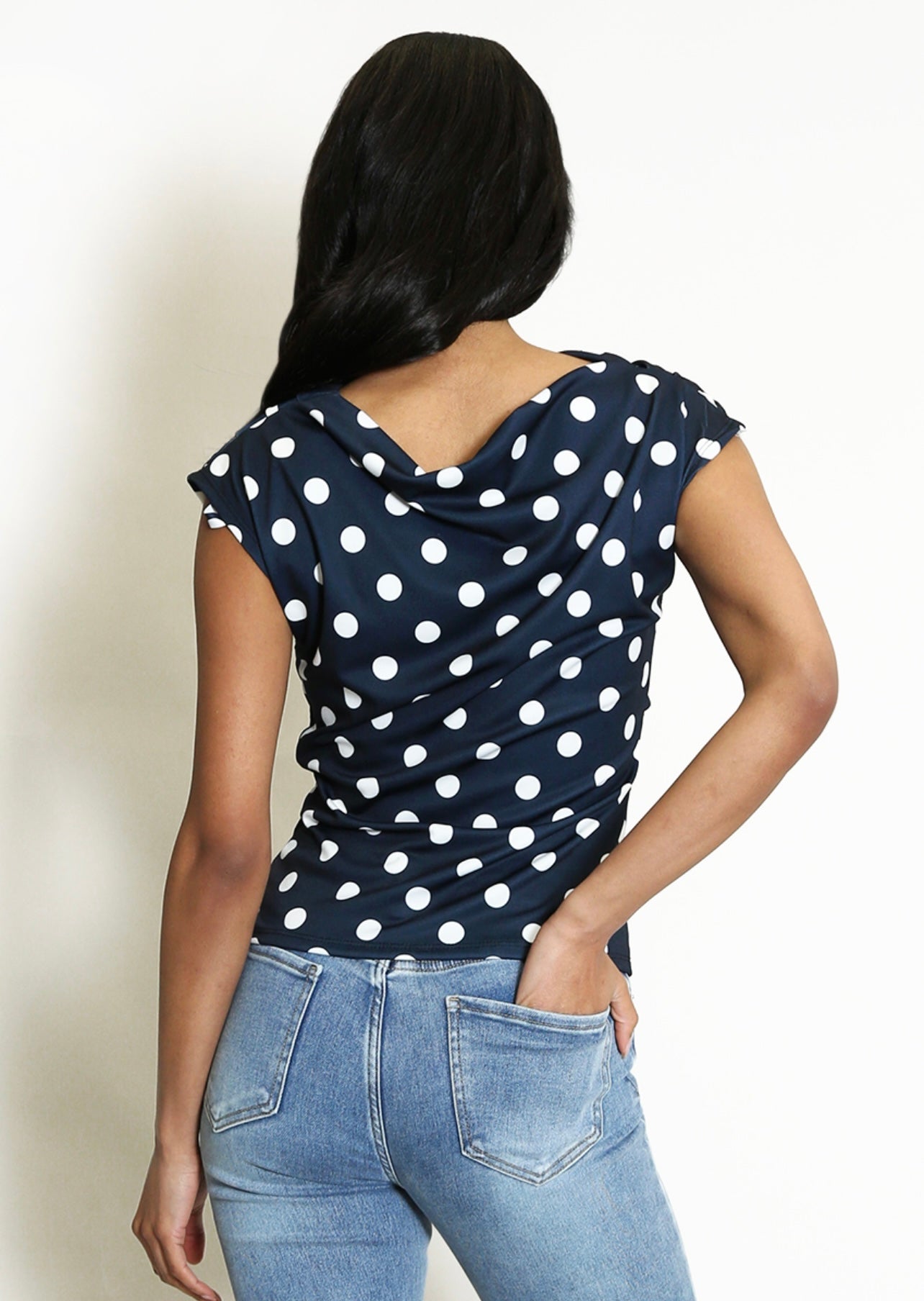 Navy Polka Dots Ruched Blouse