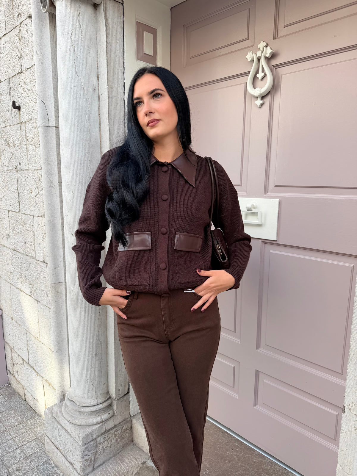 Brown Knitted Jumper With Brown Leather Collar And Pocket Detail