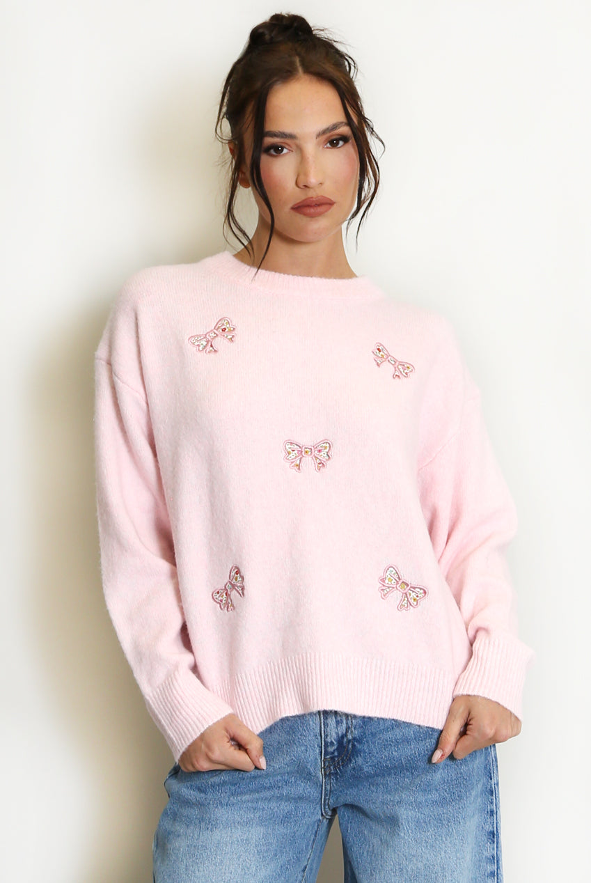 Pink Fluffy Knit Jumper With Bow Motif