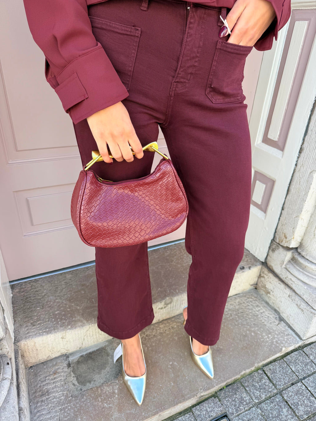 Burgundy Pleated Good Detail Handle Handbag